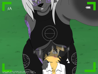 anthro areola big_breasts blush boob_hat breasts camera_view clothed clothing duo female fur grey_body grey_fur hair larger_female male nipples outside selfie size_difference smaller_male smile tan_body tan_fur tattoo white_hair djcoyoteguy ruben_(djcoyoteguy) canid canine canis coyote mammal wolf 4:3 hi_res