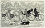 1896 19th_century absurd_res ambiguous_gender ancient_art anthro bicycle biped black_body black_fur bottomwear bow_(feature) bow_tie canid canine canis cc-by clothed clothing creative_commons crowd digitigrade domestic_cat domestic_dog english_text felid feline felis feral fur greyscale group hi_res license_info louis_wain mammal monochrome outside public_domain quadruped race running semi-anthro signature text topless traditional_media_(artwork) vehicle whiskers white_body white_fur