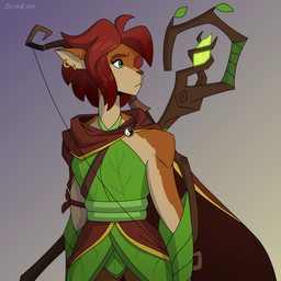 anthro bow_(weapon) brown_hair cloak clothed clothing crystal ear_piercing ear_ring female green_eyes hair leaf_clothing piercing ranged_weapon ring_piercing solo staff weapon zilonking activision spyro_the_dragon elora faun_(spyro) 1:1 2026 absurd_res digital_media_(artwork) hi_res signature