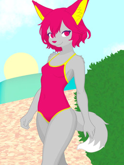 anthro breasts clothing cloud female fur grey_body grey_fur hair one-piece_swimsuit pink_clothing pink_eyes pink_hair pink_nose pink_swimwear plant sand sea shrub side_boob sky smile solo sun swimwear walking water yellow_clothing yellow_swimwear thekitsuyt gure_(thekitsuyt) canid canine fox mammal 3:4 hi_res signature