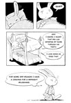 anthro bed bunk_bed clothing dialogue furniture long_ears male pajamas solo text waking_up teddyclowns sam_and_max max_(sam_and_max) lagomorph leporid mammal rabbit comic english_text hi_res monochrome