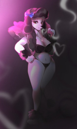 accessory amber_eyes anthro black_hair black_nose bow_ribbon bra breasts cigarette cleavage clothed clothing eyebrows eyelashes eyeshadow female fur hair hair_accessory hair_bow hair_ribbon heart_symbol looking_at_viewer makeup mascara navel neck_tuft panties ribbons smoking solo standing tuft underwear white_body white_fur sofntazixsfn princess_(nicoya) canid canine canis domestic_dog mammal poodle 2020 colored digital_drawing_(artwork) digital_media_(artwork) hi_res shaded