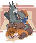 anthro bed bodily_fluids boston_crab bottomwear brown_body butt clothing duo exclamation_point furniture grey_body humanoid_hands male male/male overweight overweight_male pillow shorts sitting sweat wrestling aotoaka disney zootopia gideon_grey canid canine fox lagomorph leporid mammal rabbit red_fox true_fox 2019 hi_res