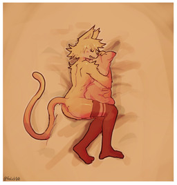 anthro blush bodily_fluids breasts clothing drooling eyelashes eyes_closed female footwear hair holding_object holding_pillow hug hugging_object hugging_pillow legwear on_mattress pattern_clothing pattern_footwear pattern_legwear pattern_socks pattern_thigh_highs pattern_thigh_socks pillow saliva short_hair side_boob sleeping smile socks solo stockings striped_clothing striped_footwear striped_legwear striped_socks striped_thigh_highs striped_thigh_socks stripes tail thigh_highs thigh_socks frolick felid feline mammal hi_res