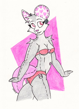 anthro bikini breasts butt clothing female grey_body plushie plushie_tag presenting presenting_hindquarters seam_(sewing) simple_background small_breasts solo swimwear two-piece_swimsuit simonov american_opossum animate_inanimate living_plushie mammal marsupial virginia_opossum hi_res