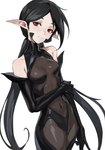 armwear black_armwear black_clothing black_hair black_markings clothed clothing eyelashes female glistening glistening_eyes hair humanoid_pointy_ears long_hair looking_at_viewer markings mouth_closed pointy_ears red_eyes simple_background solo white_background shermugi humanoid absurd_res hi_res portrait three-quarter_portrait