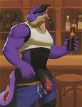 alcohol anthro bar_counter beer beer_bottle beverage bottle bottomwear clothed clothing container counter erection genitals glans horn humanoid_genitalia humanoid_penis male muscular muscular_male partially_clothed penis purple_body shirt shorts solo tank_top topwear red8ean mythology dragon mythological_creature mythological_scalie scalie hi_res