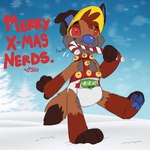 anthro blue_nose blue_pawpads blue_sky brown_body brown_fur brown_hair candy candy_cane cheek_tuft clothed clothing dessert diaper facial_tuft fangs floppy_ears food fur glistening glistening_eyes glistening_nose gloves_(marking) grey_body grey_fur hair harness leg_markings male markings outside pawpads plant red_eyes red_harness sky snow socks_(marking) solo standing teeth tree tuft unsigned wearing_diaper white_diaper yellow_sclera young young_anthro heyitsjaq 1:1 colored_sketch full-length_portrait hi_res portrait sketch