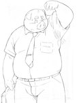 anthro belly big_belly blush bodily_fluids bottomwear clothing kemono male necktie overweight overweight_male pants shirt solo sweat topwear magumataishi domestic_pig mammal suid suine sus_(pig) 2016 3:4 monochrome