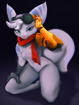 anthro breasts clothing cybernetic_arm cybernetic_limb disability eyewear eyewear_on_head female fur gloves goggles goggles_on_head handwear kneeling latex latex_clothing latex_gloves latex_handwear looking_at_viewer nude scarf small_breasts solo stripes oofwoof ratchet_and_clank sony_corporation sony_interactive_entertainment rivet_(ratchet_and_clank) lombax mammal 3:4 hi_res