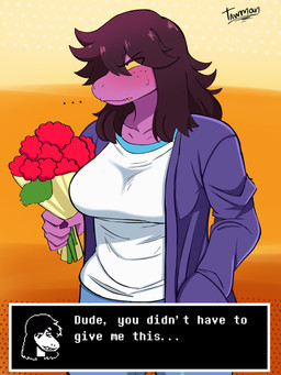anthro big_breasts blue_bottomwear blue_clothing blue_pants blush bottomwear breasts clothing dialogue embarrassed female freckled_face freckles hair jacket long_hair nervous pants purple_clothing purple_jacket purple_topwear solo tomboy topwear tawman_art deltarune undertale_(series) susie_(deltarune) absurd_res hi_res