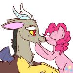 blush cutie_mark duo eyes_closed fangs female feral fur grey_body grey_fur hair happy kissing love male membrane_(anatomy) membranous_wings pink_body pink_fur pink_hair red_eyes side_view simple_background smile teeth white_background wings yellow_sclera lulubell friendship_is_magic hasbro my_little_pony discord_(mlp) pinkie_pie_(mlp) chimera draconequus earth_pony equid equine horse mammal pony 1:1