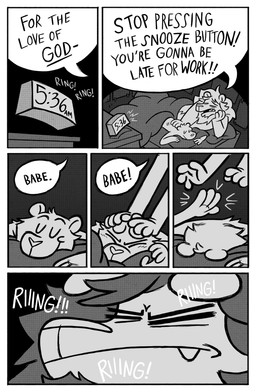 4_fingers alarm_clock anthro arm_support bed bed_covers bedding bedroom clock closed_smile dialogue duo eyes_closed fingers furniture inside leaning_on_elbow lying lying_on_bed male mane motion_lines mouth_closed on_bed on_front onomatopoeia overbite pillow poster small_comic smile snout sound_effects speech_bubble teeth text wall_(structure) miikesobi felid lion mammal pantherine 2020 absurd_res comic digital_drawing_(artwork) digital_media_(artwork) english_text first_page greyscale hi_res monochrome