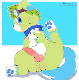 animal_genitalia animal_penis anus balls blush butt canine_genitalia canine_penis clothing feral fur genitals green_body green_fur knot knotted_penis looking_at_viewer male paws penis solo cloudeon nintendo pokemon greens_(character) generation_7_pokemon pokemon_(species) rockruff hi_res