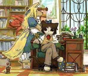 anthro art_nouveau biped book bottomwear chair clothing crossed_legs detailed_background domestic_pet duo_focus female flower footwear furniture group male master office_chair pants plant plant_pot potted_plant servant shoes sitting size_difference sleeping standing tail utsuki_maito animate_inanimate canid canine canis domestic_cat domestic_dog felid feline felis mammal shaded soft_shading