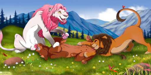 accessory animal_genitalia animal_penis animal_vulva anus balls balls_deep blue_eyes bodily_fluids brown_body brown_fur brown_hair butt butt_grab canon_x_oc claws cloud cum cum_in_mouth cum_inside cumshot cunnilingus detailed_background dreadlocks ear_piercing ears_back ears_down ejaculation erection fangs feline_genitalia feline_penis feline_vulva fellatio female female/female feral field flower flower_in_hair forest fur genital_fluids genitals grass grey_nose group hair hair_accessory hand_on_butt hug leg_markings legs_up licking light lying male male/female mane mane_hair markings mountain multi_nipple multicolored_body multicolored_fur multicolored_hair nipples nude on_back open_mouth oral oral_penetration orange_body orange_fur orgasm orgasm_face pawpads paws penetration penile penis piercing pink_hair pink_pawpads pink_penis pivoted_ears plant raised_leg raised_tail red_eyes rock scar sex sitting sky smile spread_legs spreading sucking tail tail_tuft teeth tongue tongue_out tree tuft vaginal vulva whiskers white_balls white_body white_fur caviaporcellus27 disney the_lion_guard the_lion_king ajani_(asonix) fan_character kali_(reoroo) nirmala_(the_lion_guard) arthropod butterfly felid feline insect lepidopteran lion mammal pantherine absurd_res digital_drawing_(artwork) digital_media_(artwork) hi_res lighting shaded watermark widescreen