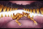 anthro blue_eyes bodily_fluids brown_hair duo fangs fur glistening glistening_eyes green_eyes hair in_mouth looking_pleasured lying male markings narrowed_eyes nude on_front on_tongue open_mouth pink_tongue saliva saliva_string short_hair solo_focus striped_arms striped_legs striped_markings striped_tail stripes tail tail_markings teeth tongue tongue_out white_body white_fur yellow_body yellow_fur acidic startide felid mammal 2019 dated signature