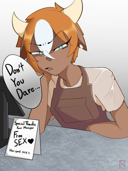 anthro apron bored clothed clothing detailed_background female glowing glowing_eyes horn jully_(nephewly) looking_at_viewer prostitution sign solo talking_to_viewer text nephewly bovid bovine cattle domestic_cat felid feline felis mammal 3:4 english_text hi_res