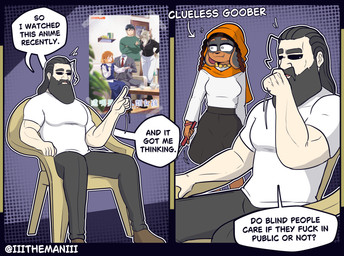 anthro beard blind clothed clothing disability duo facial_hair female female_anthro fur grey_hair hair invisible male profanity sitting speech_bubble text the_man the_invisible_man_and_his_soon-to-be_wife akira_tounome daichi_kikira luna_jarashi quelea_(canaryprimary) shizuka_yakou the_man_(character) canid canine canis domestic_dog felid feline human lynx mammal absurd_res english_text hi_res