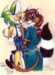 anthro belt bracelet brown_body brown_eyes brown_fur clothed clothing duo feral fur gem hair hug jewelry long_hair male markings necklace open_mouth ponytail pose red_hair ring_(marking) ringed_tail romantic romantic_couple spots standing striped_markings striped_tail stripes tail tail_markings whiskers terrie_smith european_mythology mythology chester_ringtail_magreer bassariscus cacomistle cougar dragon felid feline mammal mythological_creature mythological_scalie procyonid scalie western_dragon 1996 signature traditional_media_(artwork)