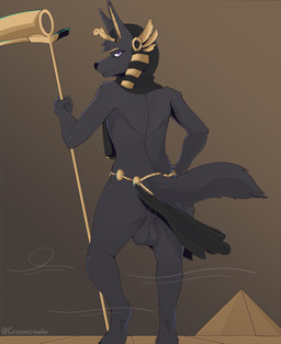 5_fingers ankh annoyed anthro arm_tuft backsack balls biped black_body black_fur black_nose bottomwear bottomwear_aside butt clothing clothing_aside dark_body dark_fur egyptian eyeliner feet femboy fingers fur genitals gold_(metal) gold_jewelry headgear headwear ineffective_clothing ineffective_loincloth jewelry loincloth loincloth_aside looking_back makeup male melee_weapon mostly_nude polearm purple_eyes pyramid rear_view scarf scythe shoulder_tuft soles solo staff thick_thighs tuft weapon wide_hips wind creamcrawler egyptian_mythology middle_eastern_mythology mythology anubis anubian_jackal canid canine canis deity jackal mammal absurd_res hi_res signature