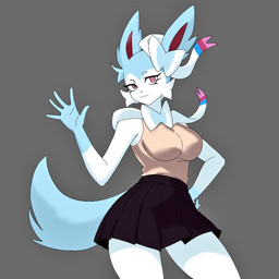 anthro big_breasts blue_body blue_fur bottomwear bow_(anatomy) breasts cheek_tuft closed_smile clothing eyelashes facial_tuft female female_anthro fluffy fluffy_tail fur gesture gloves_(marking) hand_on_hip looking_at_viewer markings mouth_closed multicolored_body multicolored_fur pink_body pink_fur pokemorph ribbons_(anatomy) skirt sleeveless_shirt small_waist smile solo tail tuft waving white_body white_fur mun_rue nintendo pokemon eeveelution generation_6_pokemon pokemon_(species) shiny_pokemon sylveon 1:1 2026 digital_drawing_(artwork) digital_media_(artwork)