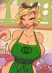 2021 accessory anthro apron apron_only bedroom_eyes big_breasts blonde_hair bow_(feature) bow_accessory bow_ribbon breasts brown_eyes centered_hair_bow cleavage clothed clothing coffee_cup conditional_dnp container cup dual_holding english_text felid feline female fur glass green_apron green_clothing hair hair_accessory hair_bow hair_ribbon holding_container holding_cup holding_object holding_pen huge_breasts i_mean_breast_milk jollyjack looking_at_viewer mammal marker markings meme mole_(marking) mostly_nude narrowed_eyes pen ribbons seductive solo tan_body tan_fur text text_on_apron text_on_clothing wide_hips writing_utensil