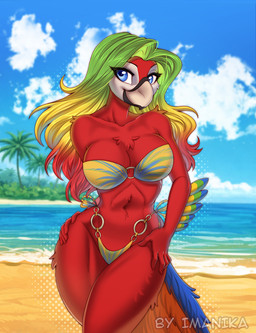 anthro beach beak big_breasts biped breasts clothed clothed_anthro clothed_female clothing cloud day female fingers front_view hair looking_at_viewer navel non-mammal_breasts non-mammal_navel outside plant red_body sand sea sky smile solo tail thick_thighs tree water wide_hips imanika avian bird 2026 digital_drawing_(artwork) digital_media_(artwork)