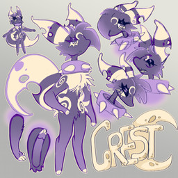 ambiguous_gender anthro big_tail chibi collar crescent_moon cresent_moon_(marking) eyelashes eyes_closed fur grey_background hair half-closed_eyes hole_in_ear huge_tail markings moon multicolored_body narrowed_eyes open_mouth purple_arms purple_body purple_fur purple_legs simple_background solo spiked_collar spikes standing striped_ears striped_markings striped_tail stripes swirl_pattern tail tail_markings teeth text tuft plentyofsoup nintendo pokemon crest_(plentyofsoup) eeveelution generation_2_pokemon pokemon_(species) umbreon 1:1 character_name digital_media_(artwork) english_text full-length_portrait headshot_portrait hi_res model_sheet portrait sketch_page