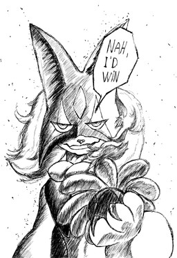 ambiguous_gender anthro biped black_text dialogue fur hair holding_object looking_at_viewer mask open_mouth open_smile paws pupils smile solo speech_bubble standing text tongue white_sclera windblown_hair kblacknessarts nah_i'd_win nintendo pokemon felid feline generation_9_pokemon mammal meowscarada pokemon_(species) 2025 absurd_res black_and_white english_text hi_res meme monochrome