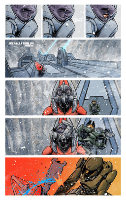 assault_rifle blood blue_blood bodily_fluids colored_blood duo eyes_closed faceless_character faceless_human faceless_male full_armor gun hitting_another hitting_head hitting_with_gun male mask motion_lines onomatopoeia orange_eyes ranged_weapon rifle size_difference snow solo sound_effects text unusual_blood unusual_bodily_fluids violence weapon wearing_mask john_grosjean halo_(series) microsoft xbox_game_studios master_chief alien human mammal scalie unggoy colored comic english_text hi_res