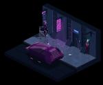 ambiguous_gender building car cyberpunk door duo isometric keypad neon neon_lights night paper science_fiction street vehicle phlegraofmystery unknown_species digital_media_(artwork) pixel_(artwork)