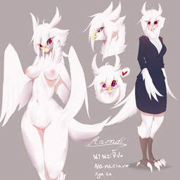 4_toes anisodactyl anthro areola avian_feet bangs barefoot beak blue_clothing breasts business_suit chest_tuft claws clothed clothing eye_through_hair eyelashes eyewear eyewear_only feather_tuft feathered_wings feathers feet female front_view genitals glasses glasses_only grey_background hair heart_eyes heart_symbol humanoid_genitalia humanoid_vulva innie_vulva iris looking_at_viewer medium_breasts navel neck_tuft nipples non-mammal_breasts nude open_mouth open_smile pink_areola pink_nipples pink_tongue pupils purple_pupils realistic_wings red_eyes round_glasses scutes simple_background slim small_waist smile solo speech_bubble standing suit tail talons text toes tongue translucent translucent_hair tuft vulva wearing_glasses white_body white_claws white_ears white_feathers white_hair white_tail white_wings wings yellow_beak ranadi avian bird hybrid mammal owl 1:1 absurd_res digital_media_(artwork) english_text guide_lines hi_res model_sheet multiple_images signature