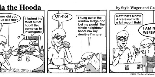 angry anthro beverage_bottle bottle clothed clothed_female clothed_male clothing container dialogue dipstick_ears duo ear_markings ears_back eyewear female gloves_(marking) male markings multicolored_ears open_mouth pivoted_ears shirt sunglasses text topwear style_wager dela_the_hooda dela_aldershaw jake_mcross canid canine fox hooda human mammal 1998 comic english_text greyscale monochrome