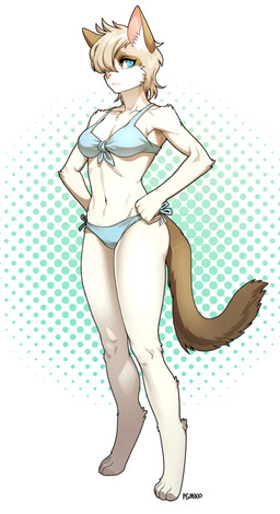 4_toes anthro barefoot bikini biped blonde_hair blue_bikini blue_clothing blue_eyes blue_swimwear breasts brown_body brown_fur brown_tail clothed clothing digitigrade dotted_background feet female front-tie_bikini front-tie_clothing front-tie_swimwear fur hair hair_over_eye hands_on_hips inner_ear_fluff looking_at_viewer medium_breasts navel one_eye_obstructed pattern_background pink_nose short_hair side-tie_bikini side-tie_clothing side-tie_swimwear simple_background solo standing string_bikini swimwear tail three-quarter_view toes tuft two-piece_swimsuit white_body white_fur pgm300 domestic_cat felid feline felis mammal absurd_res digital_media_(artwork) full-length_portrait hi_res portrait shaded