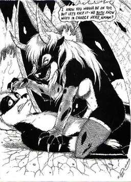 anthro anthro_on_anthro breasts claws dialogue dominant dominant_female duo fangs female hell horn imminent_rape imminent_sex male male/female membrane_(anatomy) membranous_wings nude scared sex side_boob teeth text wings james_m_hardiman demona_(joe_rosales) demon mammal mephitid skunk english_text greyscale monochrome