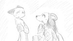 16:9 4_fingers animal_crossing anthro bodily_fluids clothed clothing dialogue_in_description domestic_cat dragonweirdo duo ears_back eulipotyphlan felid feline felis female fingers greyscale hand_on_arm hedgehog hi_res mammal monochrome nintendo olivia_(animal_crossing) pivoted_ears sable_able surprise sweat sweatdrop widescreen