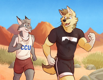 5_fingers anthro athletic athletic_anthro athletic_male athletic_wear black_nose bodily_fluids bottomwear brown_hair bulge clothed clothed_anthro clothed_male clothing countershading cross cross_necklace duo ear_tuft fingers fluffy fluffy_tail fully_clothed fully_clothed_anthro fully_clothed_male fur gloves_(marking) grey_body grey_fur gym_bottomwear gym_shorts hair humanoid_hands jewelry jogging male male_anthro markings multicolored_body multicolored_fur muscular muscular_anthro muscular_male necklace pink_nose shirt shorts snout sweat t-shirt tail tan_body tan_fur tank_top tongue topwear tuft two_tone_body two_tone_fur whiskers white_body white_fur ventkazemaru echo_(game) echo_(series) echo_project dakota_asbury tj_hess canada_lynx canid canine canis coyote felid feline lynx mammal hi_res