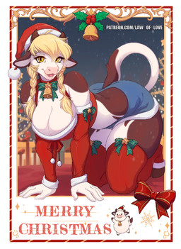 anthro big_breasts blonde_hair breasts christmas_clothing christmas_headwear clothing collar female hair hat headgear headwear holidays hooves horn looking_at_viewer multicolored_body santa_hat solo tail text thick_thighs yellow_eyes knight_dd christmas law_of_love patreon belle_(law_of_love) bovid bovine cattle mammal 2025 url