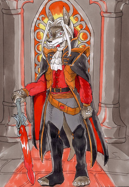 anthro black_nose clothed clothing fangs fur grey_body grey_fur hair looking_at_viewer male melee_weapon red_eyes solo sword teeth weapon white_hair daigaijin canid canine canis mammal vampire wolf hi_res
