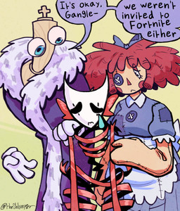 accessory ambiguous_gender apron blue_clothing blue_dress blue_eyes bodily_fluids bow_ribbon button_(fastener) button_eyes cheek_spots clothing disembodied_hand doll dress eyelashes female group hair hair_accessory hair_bow hair_ribbon hand_on_shoulder male mask mouthless patched_clothing purple_clothing purple_robe red_hair ribbons robe sad simple_background tears thick_thighs trio wide_hips yellow_background theshlumper glitch_productions the_amazing_digital_circus gangle_(tadc) kinger_(tadc) ragatha_(tadc) animate_inanimate fabric_creature humanoid living_chess_piece living_doll 2026 hi_res female_(lore)