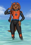 anthro armor athletic black_bottomwear black_clothing black_pants blue_sky bottomwear brown_body brown_fur brown_nose brown_tail bulge clothing cloud eyebrows fluffy fluffy_tail fur hand_on_hip harpoon harpoon_gun headgear helmet long_sleeves male melee_weapon orange_clothing orange_shirt orange_topwear orange_vest pants partially_submerged polearm pose raised_eyebrow scuba_diver scuba_gear sea shirt sky slim smile smirk smug solo spear standing_in_water swimwear tail tight_bottomwear tight_clothing tight_pants topwear vest water weapon wetsuit yellow_eyes diacordst paw_patrol zuma_(paw_patrol) bird_dog canid canine canis domestic_dog hunting_dog labrador mammal retriever 2022 absurd_res hi_res