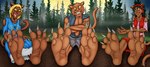 4_fingers 4_toes accessory anthro barefoot black_hair blonde_hair blue_clothing blue_dress bottomwear breasts brown_body brown_feet brown_fur brown_hair brown_soles brown_tail claws clothing coniferous_forest coniferous_tree crossed_arms dirt dress feet female finger_claws fingers fog foot_focus forest forest_background fur grey_bottomwear grey_clothing grey_pants grey_shirt grey_topwear group hair headband humanoid_feet humanoid_hands long_hair long_tail looking_at_viewer male moon muscular muscular_anthro muscular_male nature nature_background night open_mouth pants plant plantigrade prick_ears pupils ragged_clothing red_clothing red_dress red_headband sharp_teeth shirt short_hair sitting sitting_on_ground slit_pupils soles spread_toes tail teeth teeth_showing toe_claws toes topwear torn_clothing torn_dress torn_shirt torn_topwear tree trio white_claws yellow_sclera wuffeet scooby-doo_on_zombie_island jacques_(scooby-doo) lena_dupree simone_lenoir felid feline mammal were werecat werefelid werefeline 2020 absurd_res hi_res