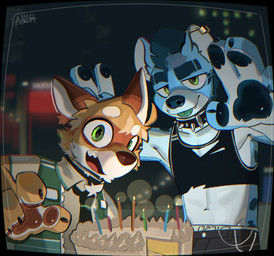 4_fingers anthro birthday_cake cake candle chain claws collar dessert detailed_background duo ear_piercing eyebrows fingers food male male/male navel necktie pawpads piercing smile spiked_collar spikes tongue tongue_out visible_underwear ankorthewolf ankor_(ankorthehyena) canid canine fox hyena mammal hi_res signature