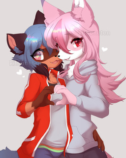 anthro blue_hair clothing collaborative collaborative_gesture collaborative_heart_gesture cute_fangs duo fangs female female_anthro gesture glistening glistening_eyes glistening_hair hair heart_gesture heart_symbol inner_ear_fluff looking_at_viewer open_mouth pink_hair red_eyes teeth tuft kitsuneten brand_new_animal studio_trigger michiru_kagemori nazuna_hiwatashi canid canine fox mammal raccoon_dog tanuki absurd_res hi_res