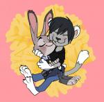 anthro blush clothed clothing duo female hug long_ears male simple_background smile jabberwockychamber mkbuster disney zootopia fan_character judy_hopps mk_(mkbuster) felid lagomorph leporid mammal rabbit hi_res