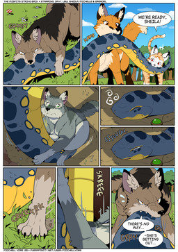 belly blue_body brown_body brown_fur female feral fur grey_body grey_fur group male orange_body orange_fur outside overweight speech_bubble text fidchellvore aspen_(fidchellvore) davy_(fidchellvore) michelle_(fidchellvore) sheila_(fidchellvore) canid canine canis domestic_cat felid feline felis fox mammal reptile scalie snake wolf 2025 comic