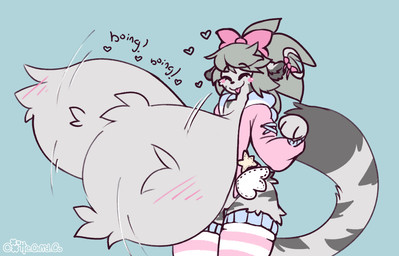 accessory anthro big_breasts blush body_blush bow_ribbon breast_blush breasts clothed clothed_female clothing female female_anthro fluffy fluffy_breasts hair_accessory hair_bow hair_ribbon happy heart_symbol huge_breasts hyper hyper_breasts jacket legwear motion_lines no_areola pattern_clothing pattern_legwear pattern_thigh_highs ribbons simple_background smile solo striped_clothing striped_legwear striped_thigh_highs stripes tail thigh_highs topwear caeleste felid mammal pantherine tiger 2026 hi_res