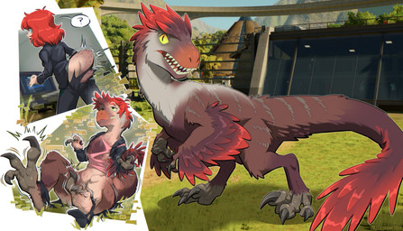bottomwear claws clothing computer_monitor day feathers female fence feral grass growth hair human_to_feral open_mouth outside pants plant question_mark reality_shift red_body red_feathers red_hair screencap screencap_background solo species_transformation standing surprised tail tail_growth teeth torn_clothing transformation mkiiiconvertible frontier_developments jurassic_park jurassic_world jurassic_world_evolution universal_studios dinosaur dromaeosaurid feathered_dinosaur feathered_scalie human mammal prehistoric_species reptile saurischian scalie theropod utahraptor 2026 digital_media_(artwork) hi_res
