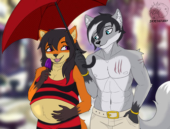 anthro black_hair black_nose duo facial_piercing female fur grey_body grey_fur hair labret_piercing lip_piercing male male/female orange_body orange_fur piercing pregnant pregnant_female scar simple_background white_body white_fur white_hair allartskye canid canine canis fox mammal wolf hi_res